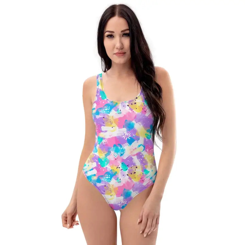 Vibrant abstract print one-piece swimsuit with a fun 90s retro print for summer vibes