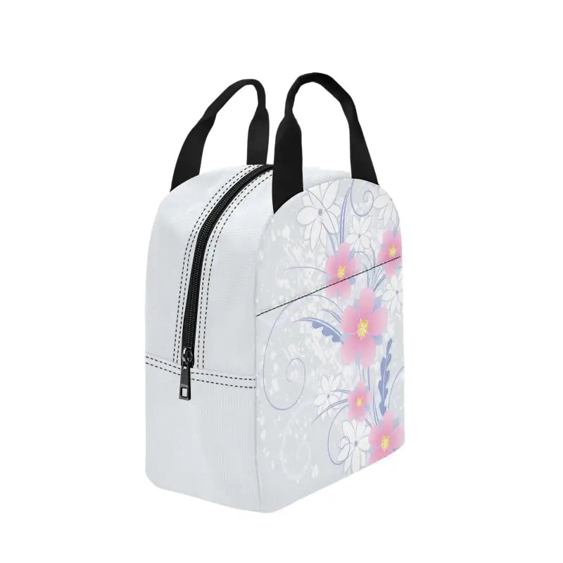 Stylish floral insulated zipper lunch bag with black handles for on-the-go meals
