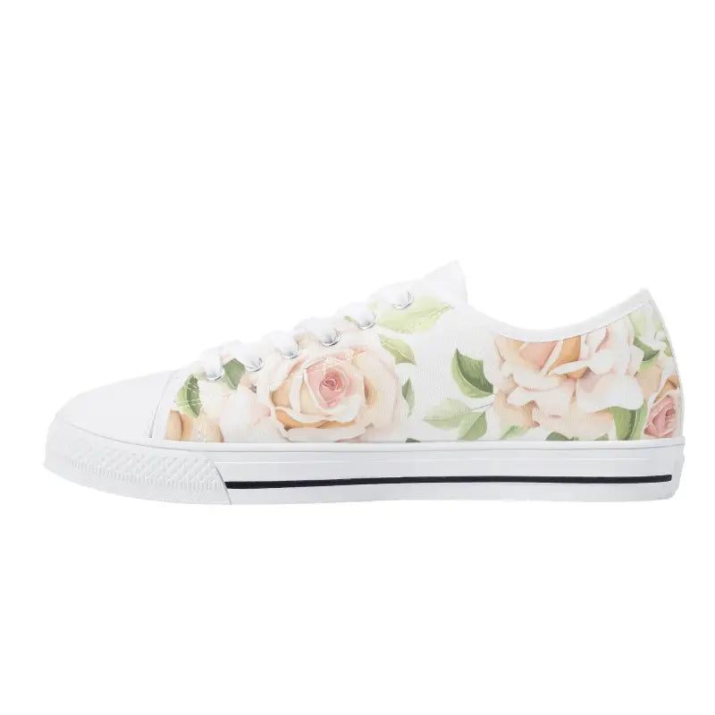 Floral-patterned canvas shoes with a white sole, perfect for women’s rose print style