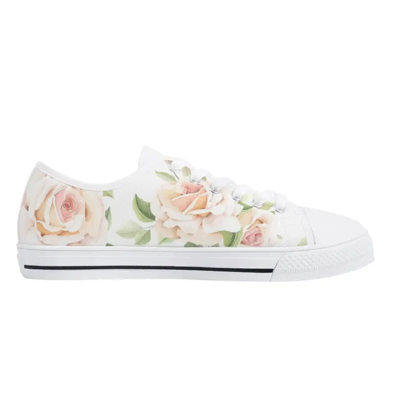 White canvas shoes with a feminine rose print, perfect for women’s rose print style
