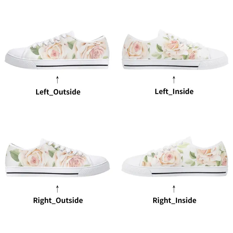 Floral-patterned white canvas shoes with rose print, perfect for stylish women