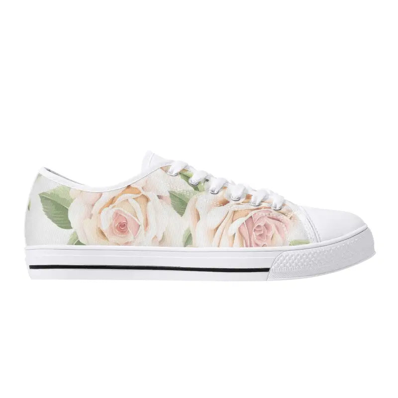 Stylish women’s rose print canvas shoes with floral pattern in pink and peach hues