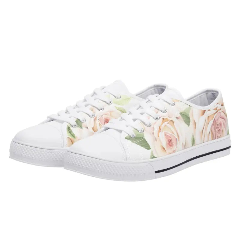 Stylish women’s rose print canvas shoes featuring floral designs on white sneakers