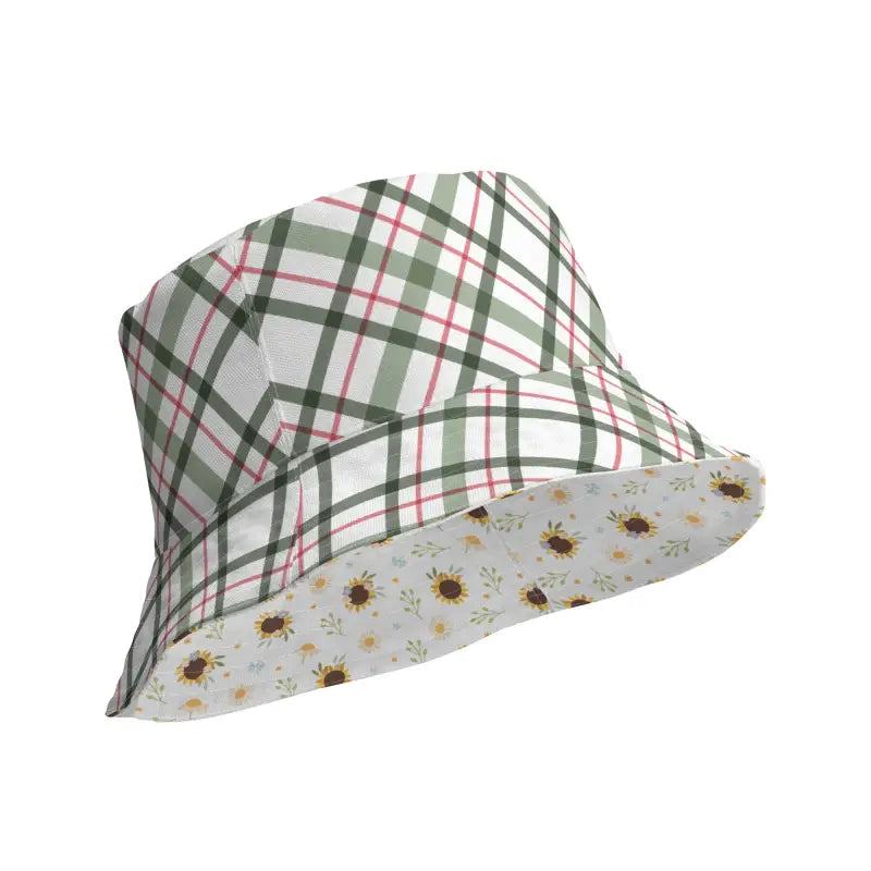 Sunflower Reversible Bucket Hat featuring plaid and floral prints for stylish sunny days