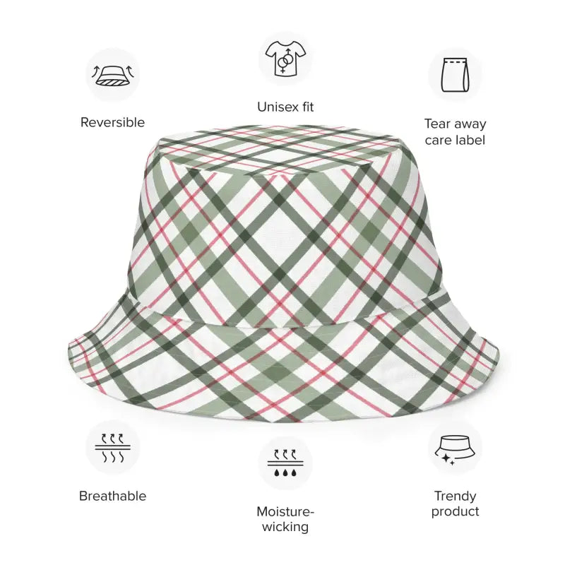 Plaid Sunflower Reversible Bucket Hat in green, white, and pink for stylish sunshine vibes