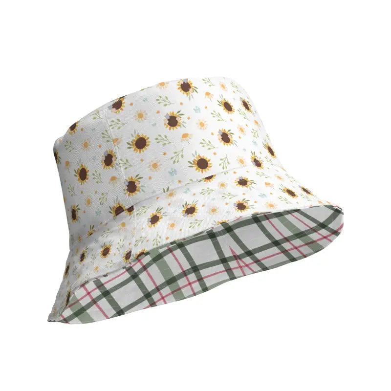Sunflower reversible bucket hat showcasing fun sunflower print and plaid pattern
