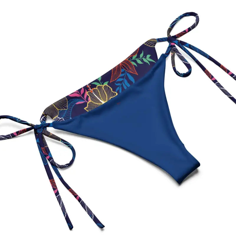 Blue floral string bikini bottom with colorful embroidery and tie sides for sunny days