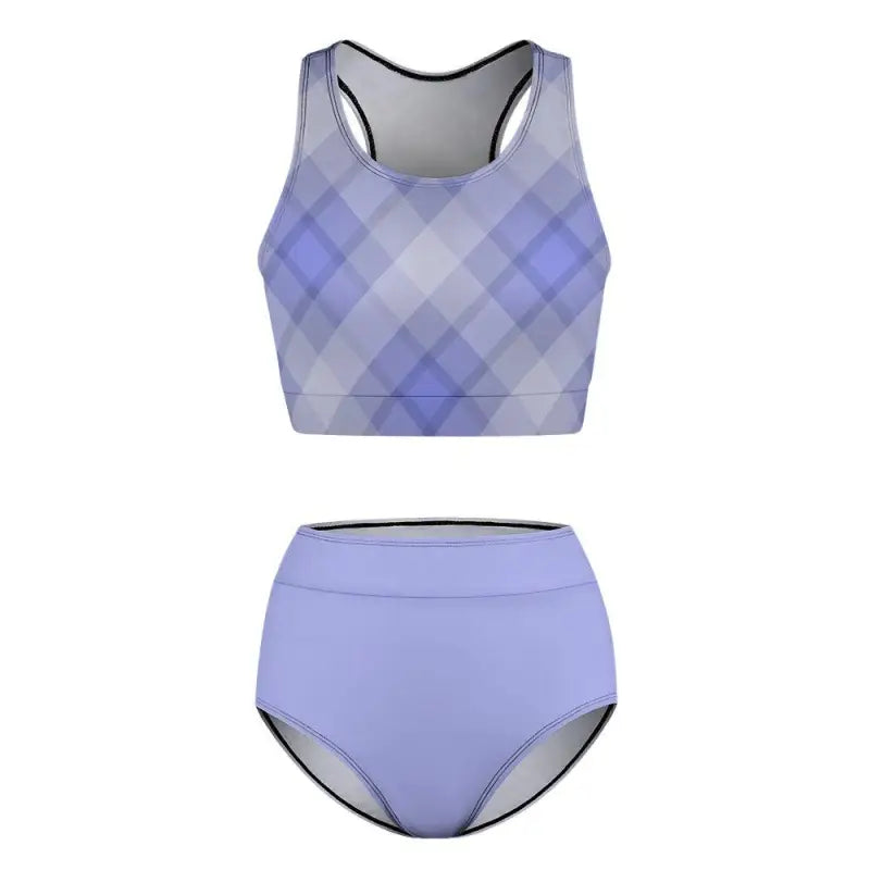 Purple Plaid Two Piece Bikini featuring a crop top and high-waisted bottom in lavender