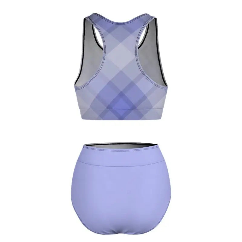 Two-piece lavender workout set featuring patterned sports bra and high-waisted shorts