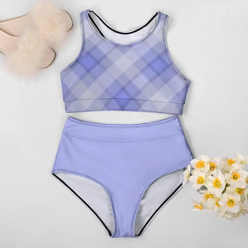 Stylish Purple Plaid Two Piece Bikini with a vibrant plaid top and solid bottom