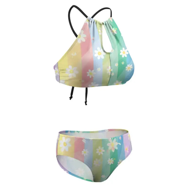 Pastel striped daisy bikini set with halter top and brief bottom for summer fun