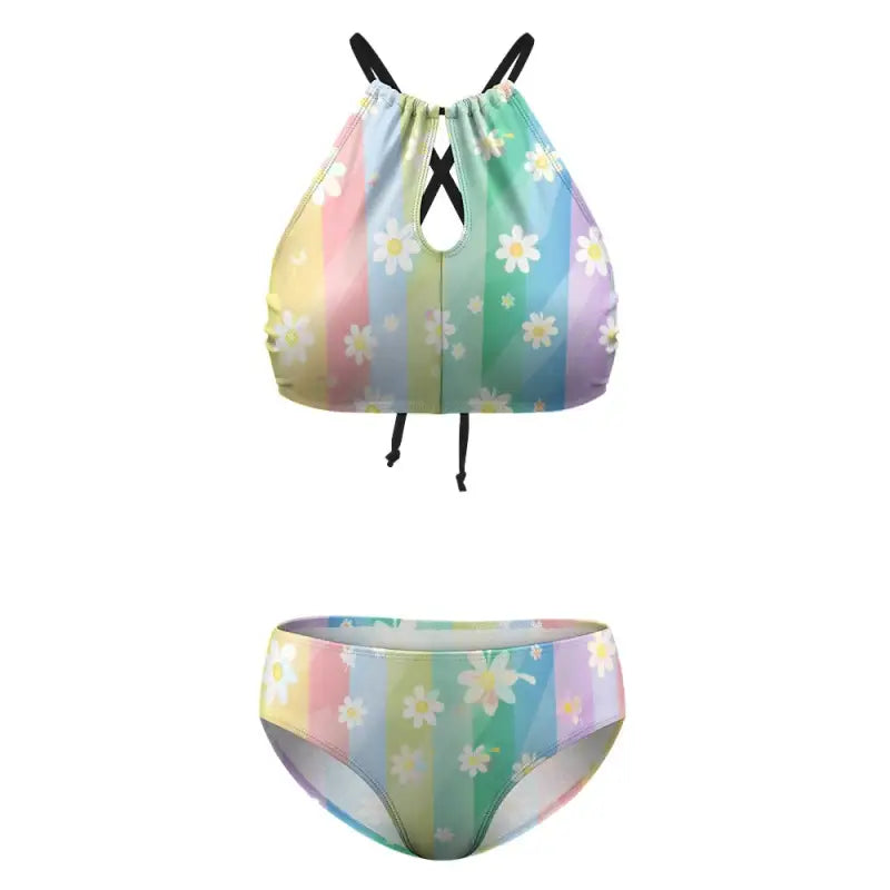 Pastel striped daisy bikini with white daisies and black halter straps for sunny fun