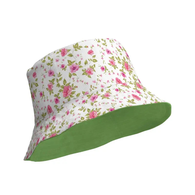 Floral print reversible bucket hat with green underside and rose floral print design