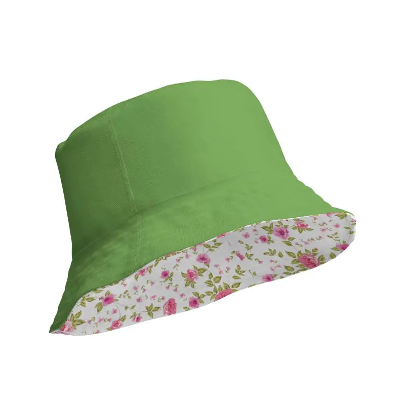 Green reversible bucket hat with rose floral print lining for sunny days