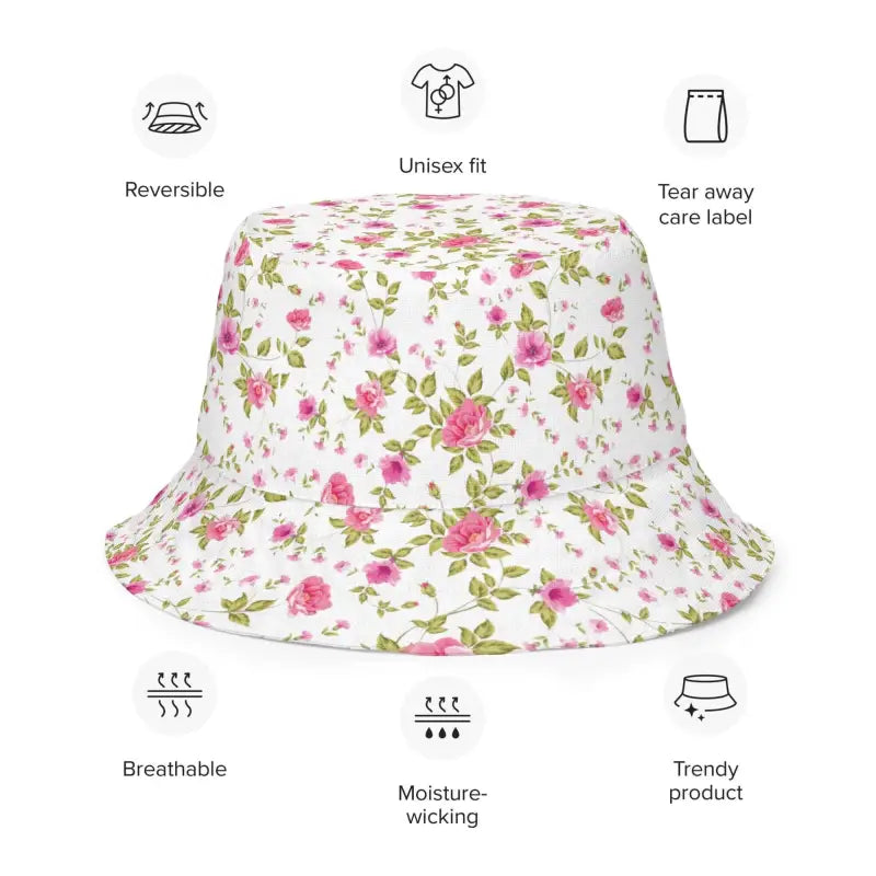 Floral print reversible bucket hat with rose floral print and product feature icons