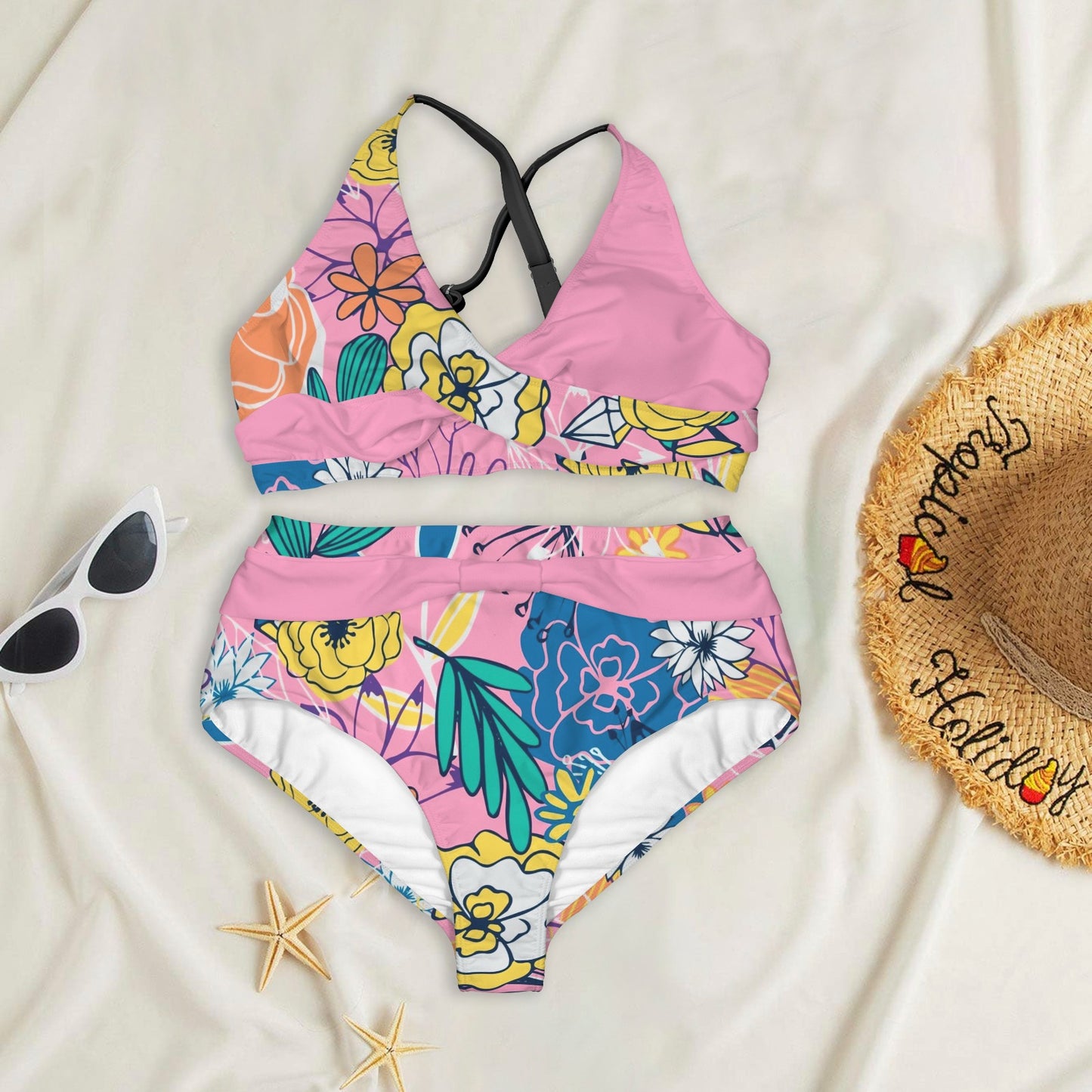 supportive cross strap floral bikini set