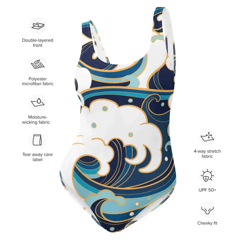 Stylish Women’s Abstract Blue Wave Print Swimsuit with Gold and White Swirls