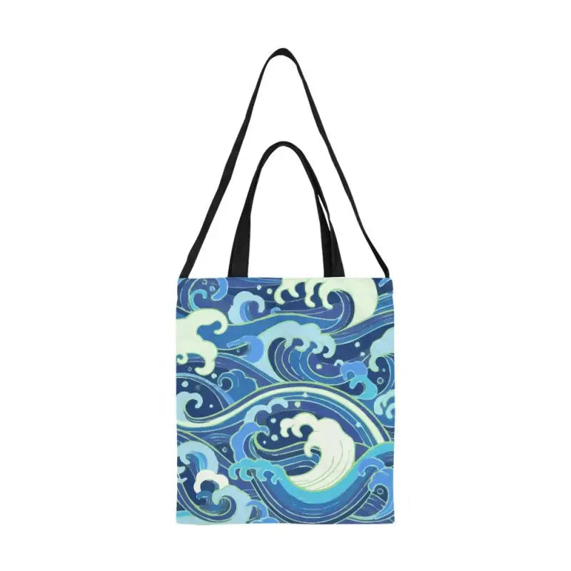 Wave print canvas tote bag featuring a stylish blue wave pattern for beach adventures