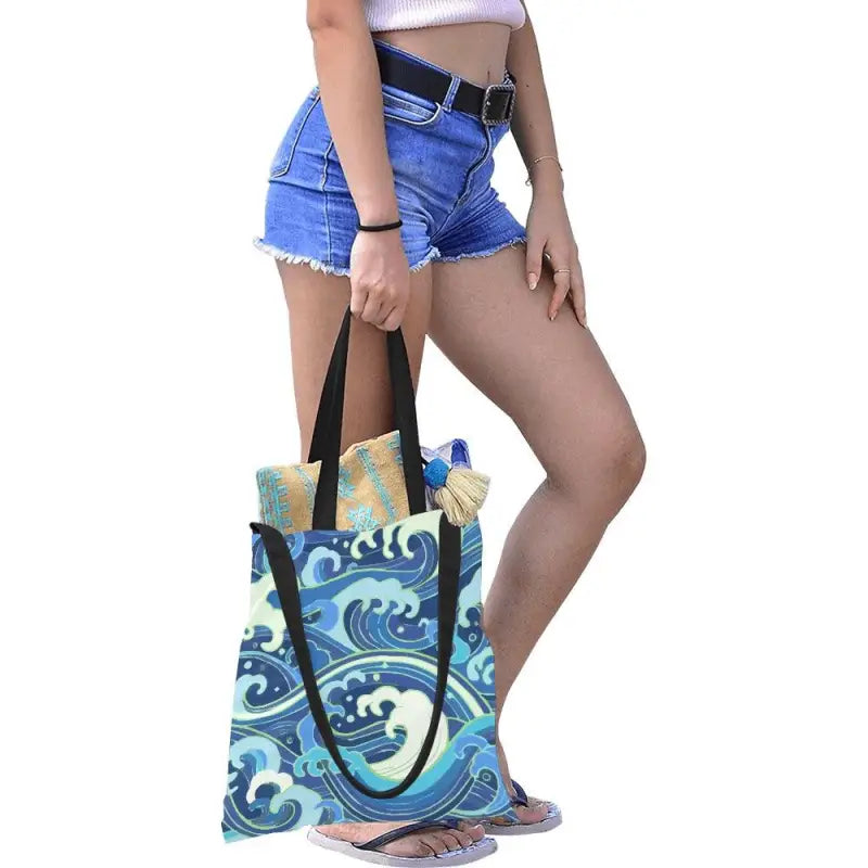 Beach tote bag featuring a fun wave print canvas design for your Tide Pool Adventures