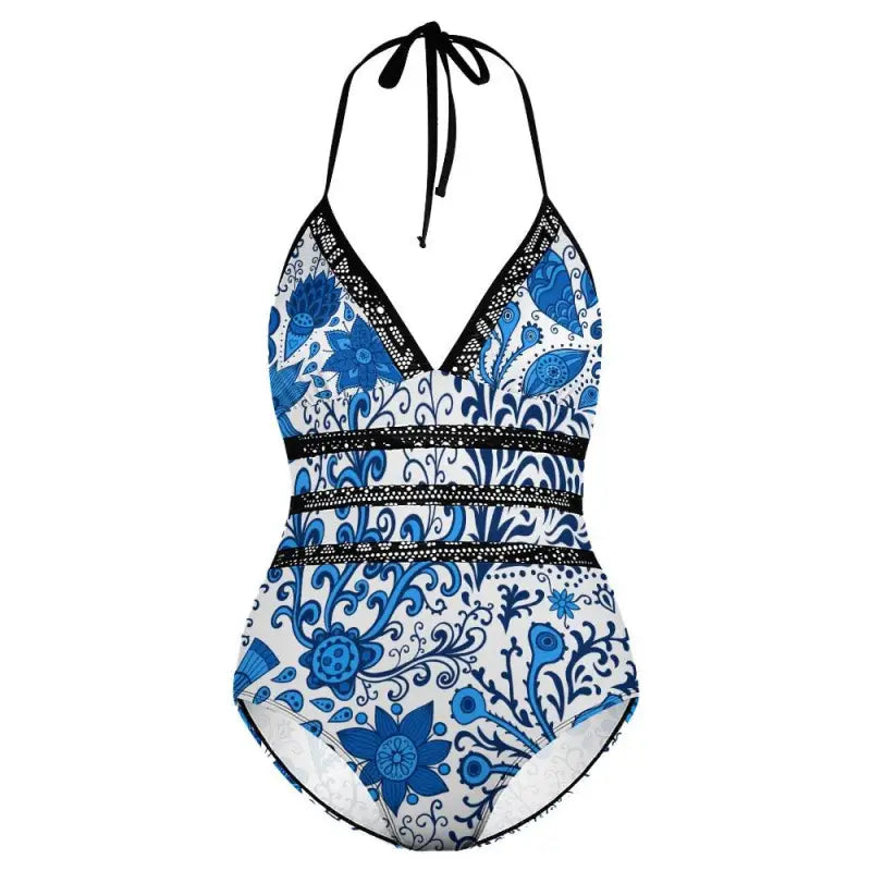 Halter-style blue floral one-piece swimsuit with black trim perfect for summer fun