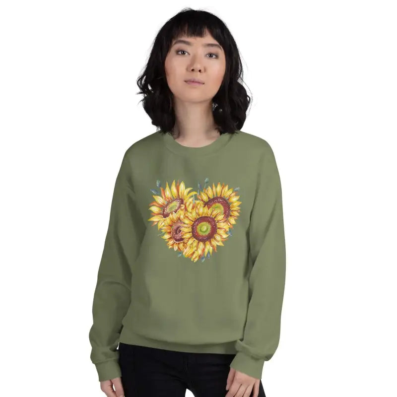 Olive green women’s sunflower sweatshirt with a cute sunflower heart design
