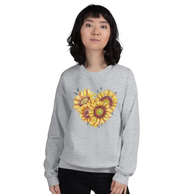 Gray women’s sunflower sweatshirt with a cute sunflower heart design for cozy vibes