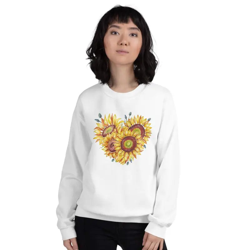 Stylish women’s sunflower sweatshirt with a cute sunflower heart design in cozy fabric