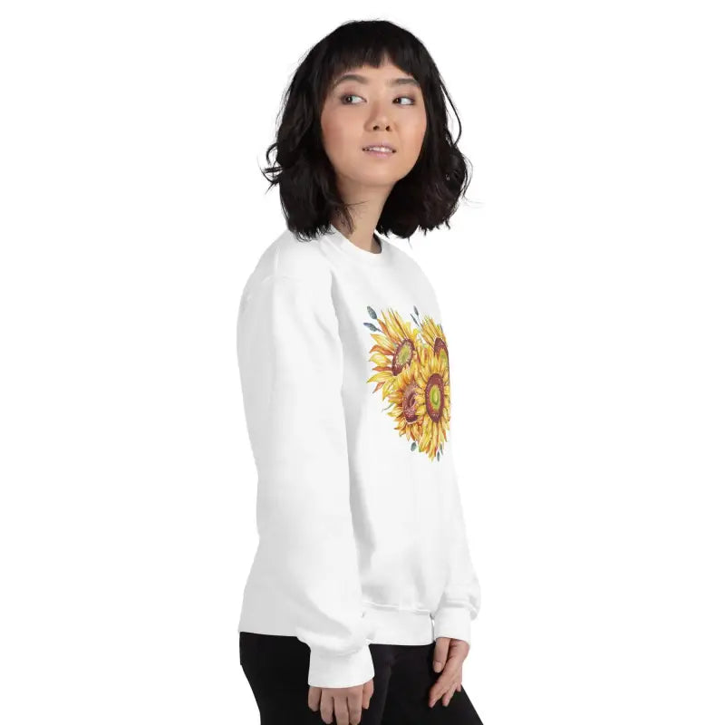 White women’s sunflower sweatshirt with a vibrant design for cool summer vibes
