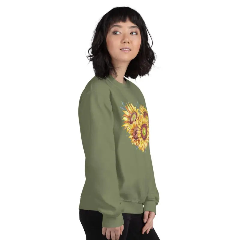 Green women’s sunflower sweatshirt with a cute sunflower design made from air-jet spun yarn