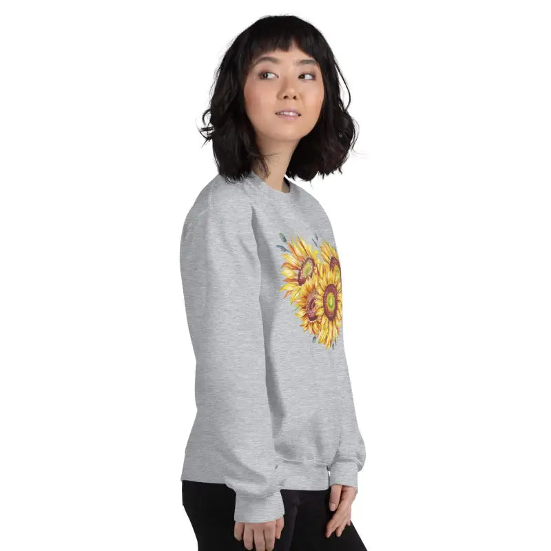 Gray women’s sunflower sweatshirt with a cute sunflower design for cozy vibes