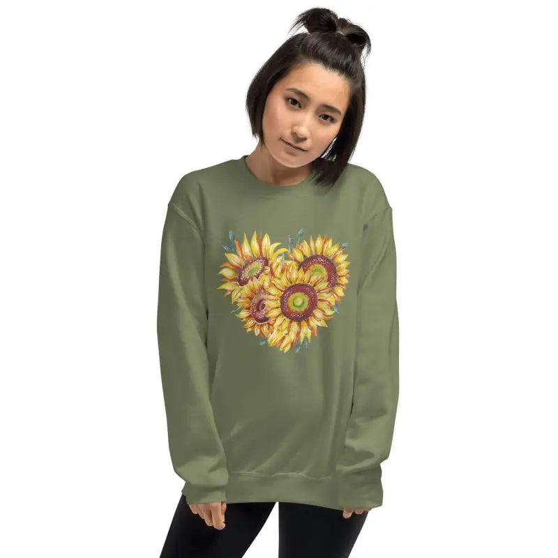 Olive green women’s sunflower sweatshirt with a heart-shaped sunflower design