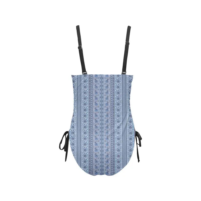 Light blue print one-piece swimsuit with adjustable straps, perfect for a pool party