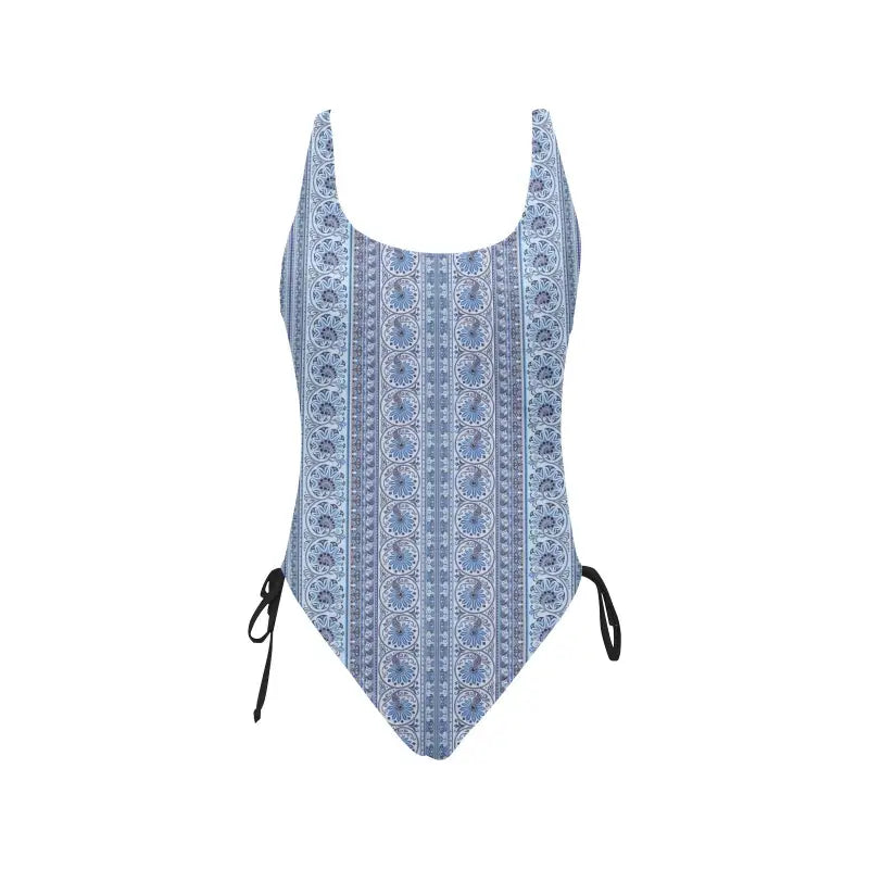 Blue print one-piece swimsuit with side ties perfect for a fun pool party look