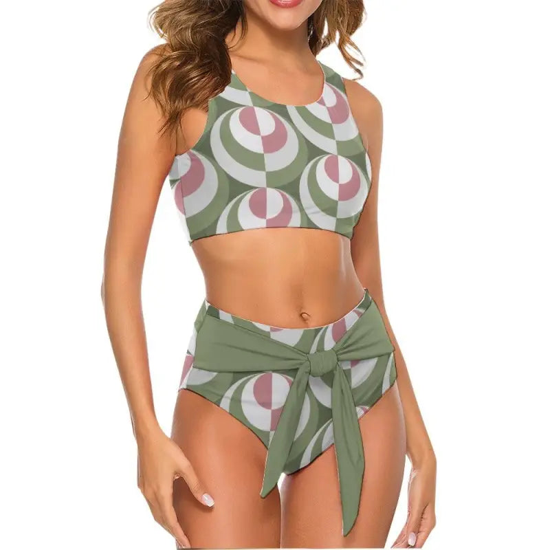 Two-piece swimsuit with green, white, and pink circles from the Ladies Geometric Print Bikini
