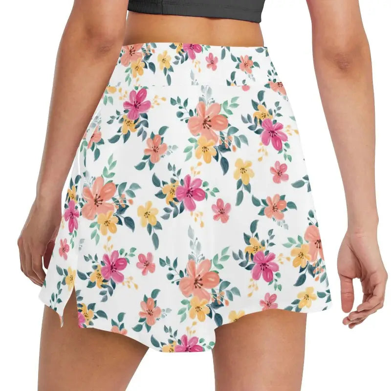 Woman wearing a floral golf skirt with colorful flower patterns on white background