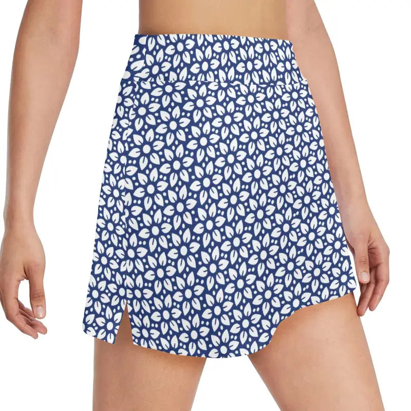 Blue and white floral skort featuring a pocket, perfect for a stylish boho golf outfit