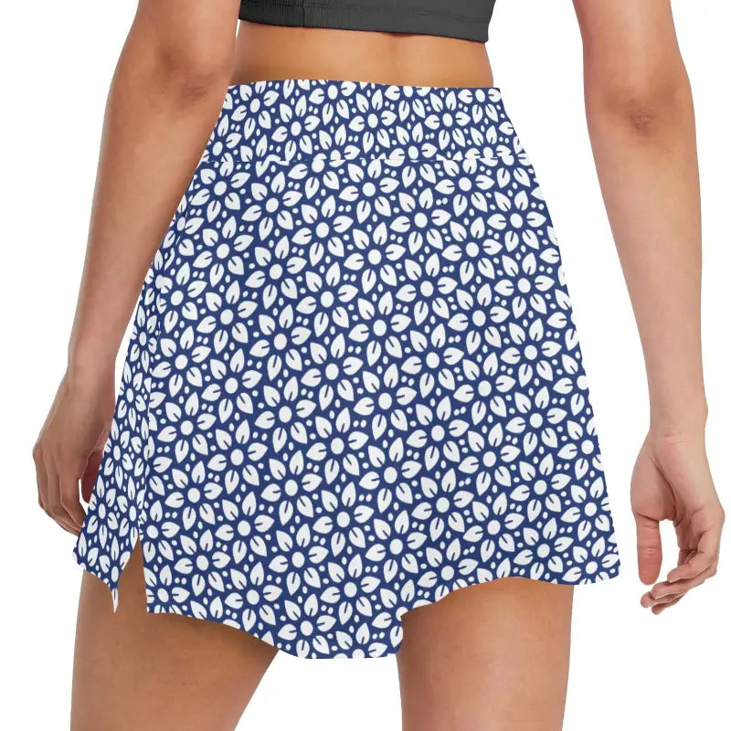 Blue and white floral skort, a stylish boho golf skirt with a pocket for convenience