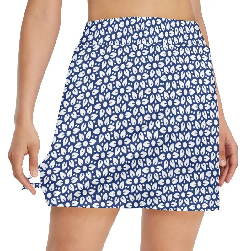 Blue and white floral skort, a fun boho golf skirt with pockets perfect for stylish outings