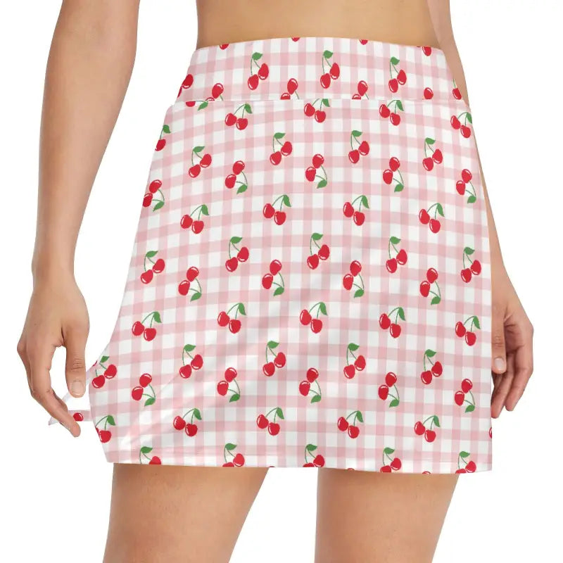 Pink and white gingham skirt with a cherry print perfect for your Cherry Golf style