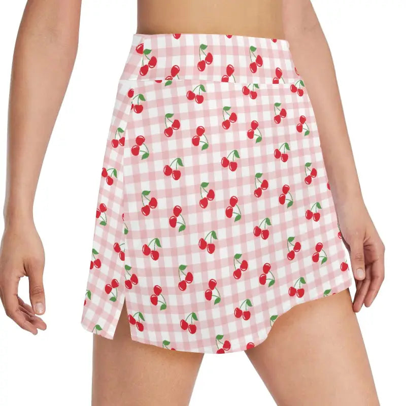 Pink and white gingham cherry golf skirt with cute side slits for stylish swings