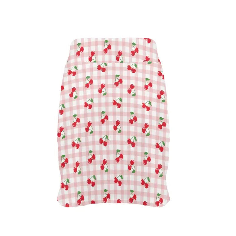 Cute Pink Gingham Cherry Golf Skirt with Ruffled Hem for Stylish Women’s Golf Wear