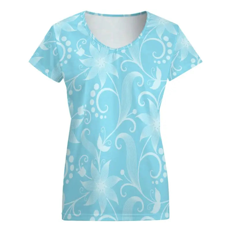 Light blue women’s floral v-neck t-shirt featuring a white swirl pattern