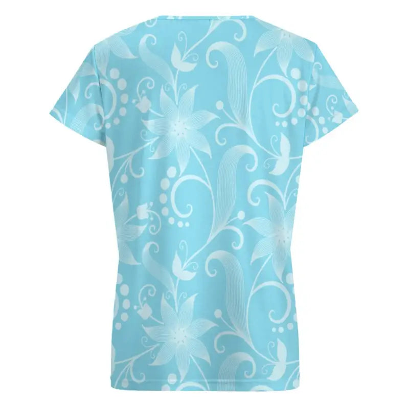 Light blue women’s floral v-neck with a swirling pattern perfect for spring style