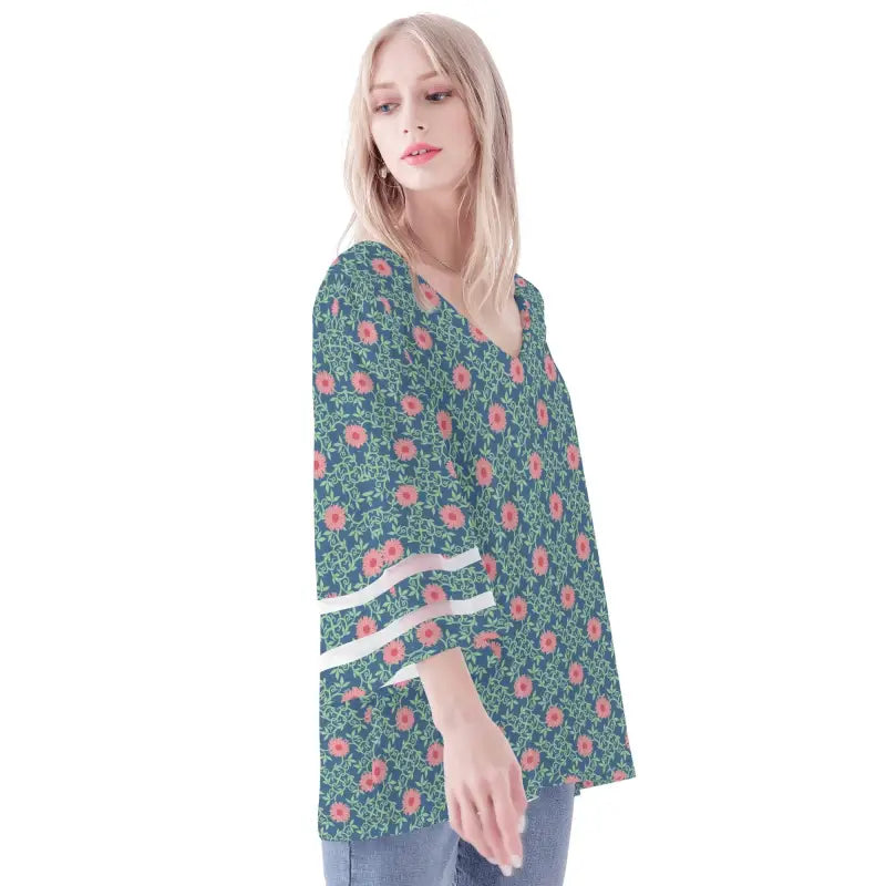 Teal Floral Chiffon Blouse with Bell Sleeves featuring delicate lace patching cuffs