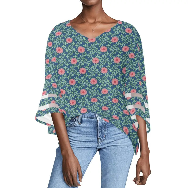 Teal Floral Chiffon Blouse with Bell Sleeves and Delicate Lace Patching Cuffs