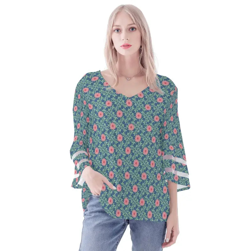 Teal Floral Chiffon Blouse with bell sleeves and delicate lace patching cuffs