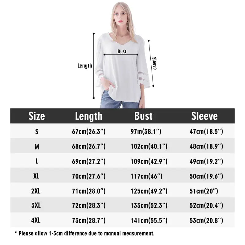 Size chart for Teal Floral Chiffon Blouse with Bell Sleeves and delicate lace patching cuffs