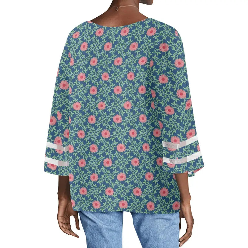 Teal Floral Chiffon Blouse with bell sleeves and delicate lace patching cuffs
