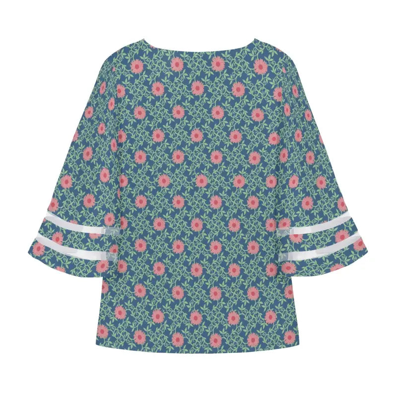 Teal floral chiffon blouse with bell sleeves and delicate lace patching cuffs