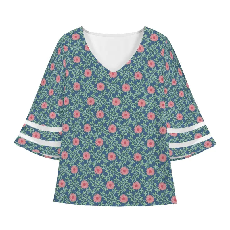 Teal Floral Chiffon Blouse with Bell Sleeves and Delicate Lace Patching Cuffs in Floral Print